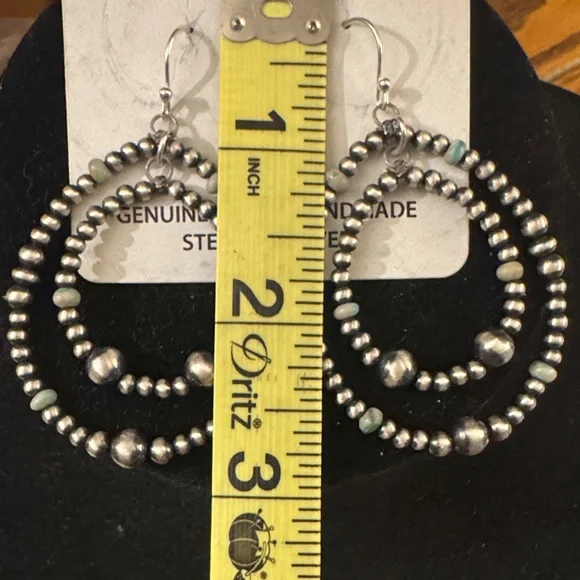 NWT Double Hoop Sterling Silver 925 Desert Pearl with Turquoise Chip Earrings - Picture 4 of 4